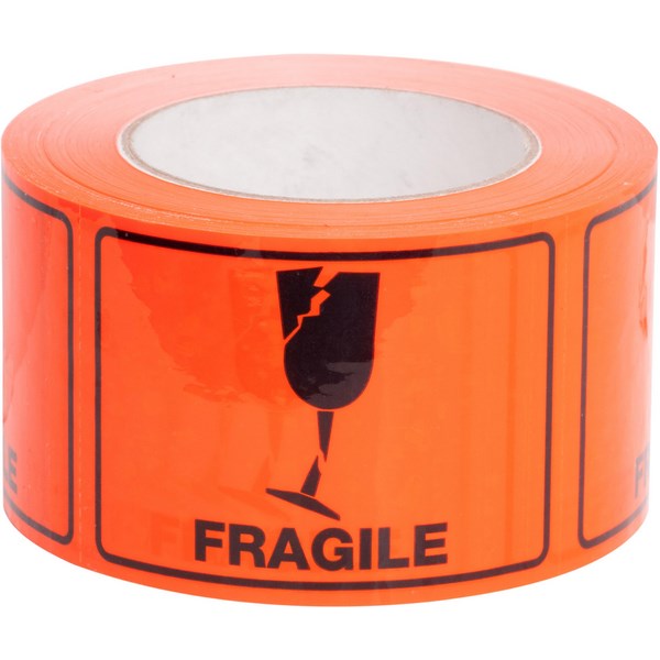 RIPA Shipping Label Fragile 100x72mm Black on Fluoro Orange, Roll of 660