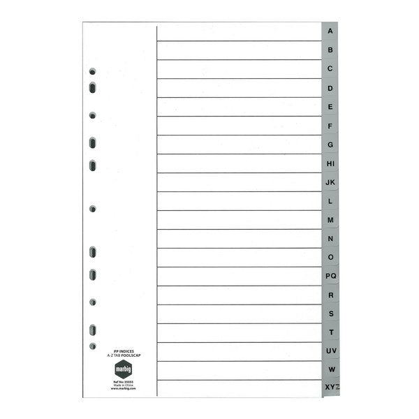 Marbig Indices Dividers 20 Tab A-Z Foolscap Polypropylene Grey